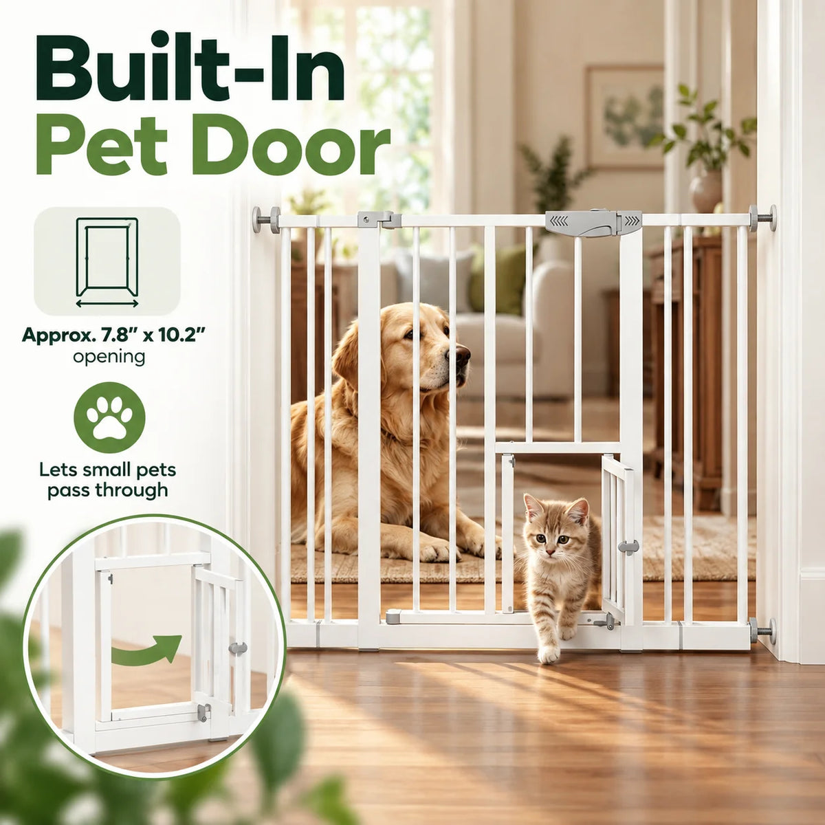 Dog Gate with Cat Door Baby Gate Pressure Mounted Auto Close Two Way Walk Through 29.5 to 44.1 inch for Doorways Stairs Hallways Home