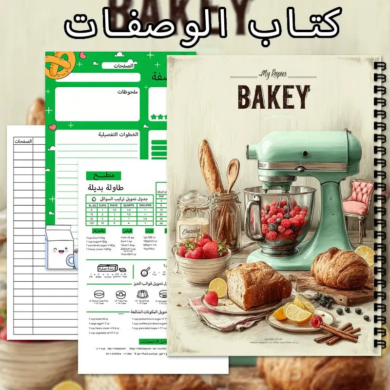 Arabic Recipe Book | Spiral Binding Notebook A4 - Recipe Collection Book, Can Hold up to 100 Recipes, Baking Theme Design