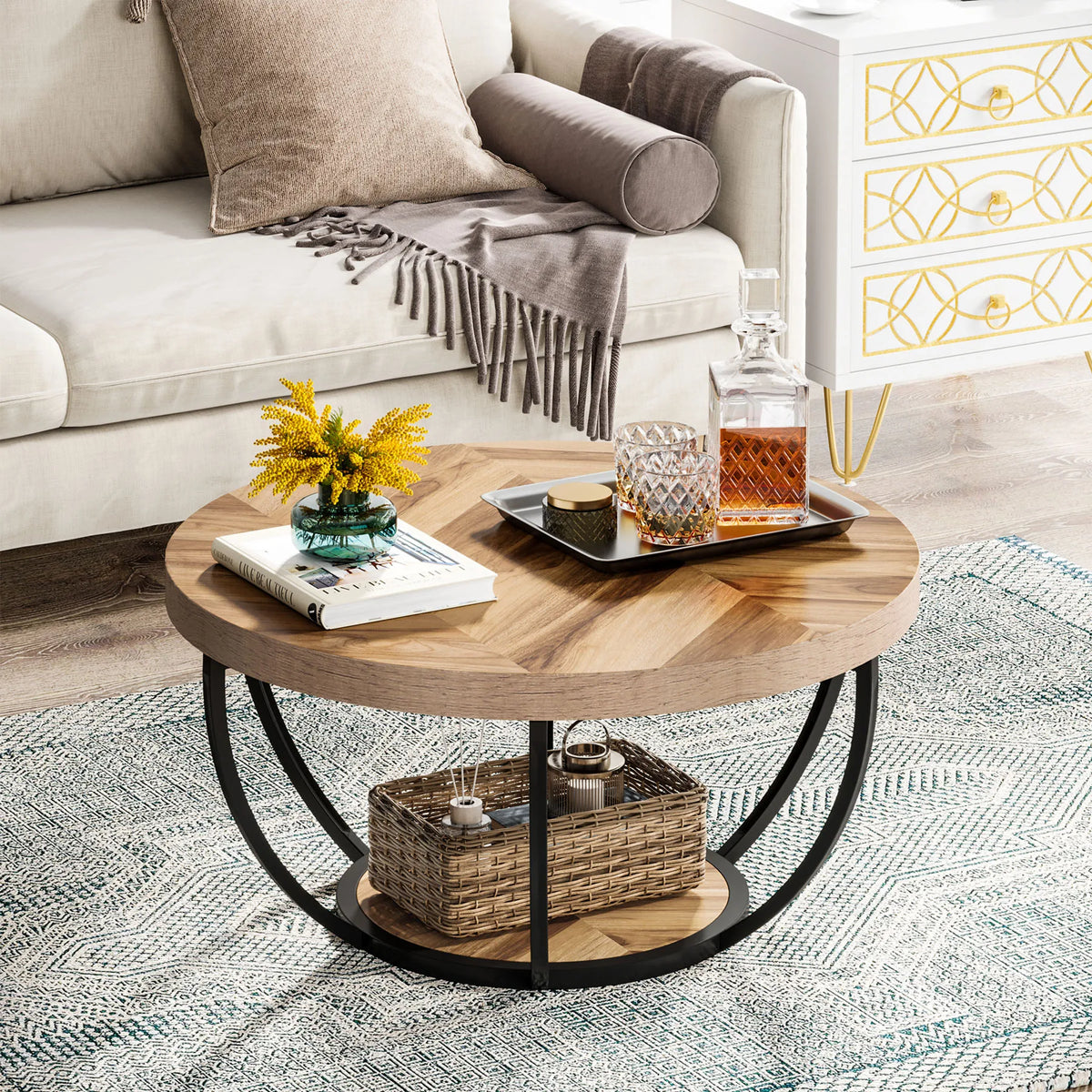 Tribesigns 31.7" Round Coffee Table, Industrial 2-Tier Circle Coffee Table with Storage Shelves, Modern Wooden Sofa Side Table
