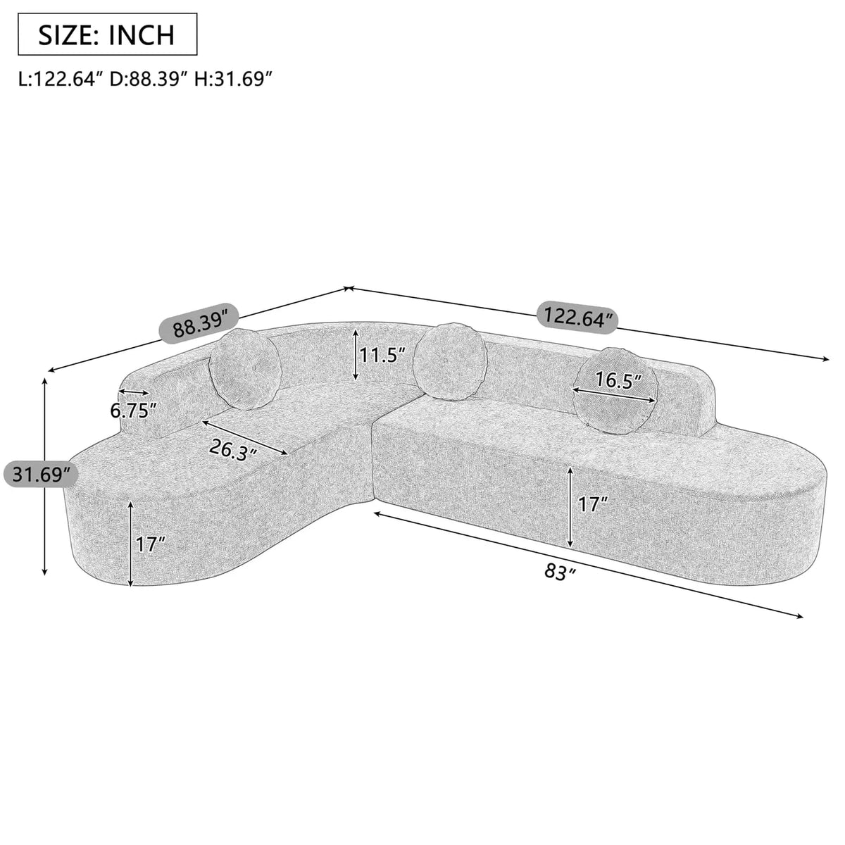 Mirod 122'' Extra Large Sectional Sofa Soft Fabric Upholstery, Elegant Curved Design with Three Round Cushions,, Customized