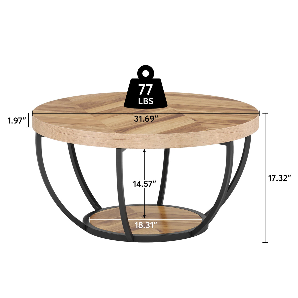 Tribesigns 31.7" Round Coffee Table, Industrial 2-Tier Circle Coffee Table with Storage Shelves, Modern Wooden Sofa Side Table