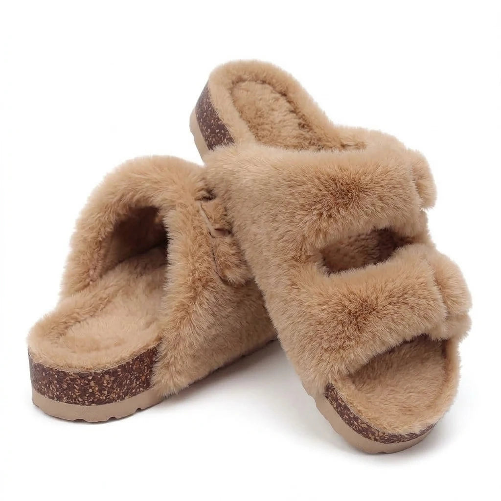 Bebealy Women's Winter Fluffy Slippers Winter Cozy Adjustable Buckle Fur Cork Footbed Open Toe House Slippers With Arch Support