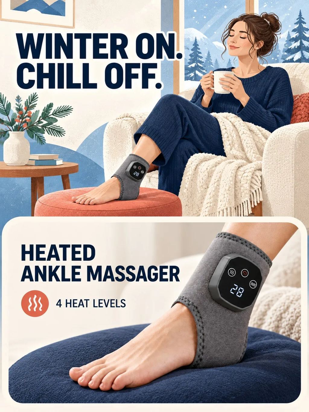 Heated Ankle Massager with 4 Heat Levels, Electric Warming Wrap with Digital Display for Cozy Winter Relaxation at Home