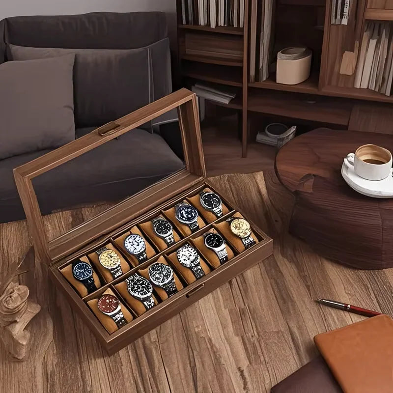 12Bit Retro Imitation Wood Grain Leather Watch Box Creative Gift Box Transparent Windowed For Exquisite Watch and Jewelry Storage Case