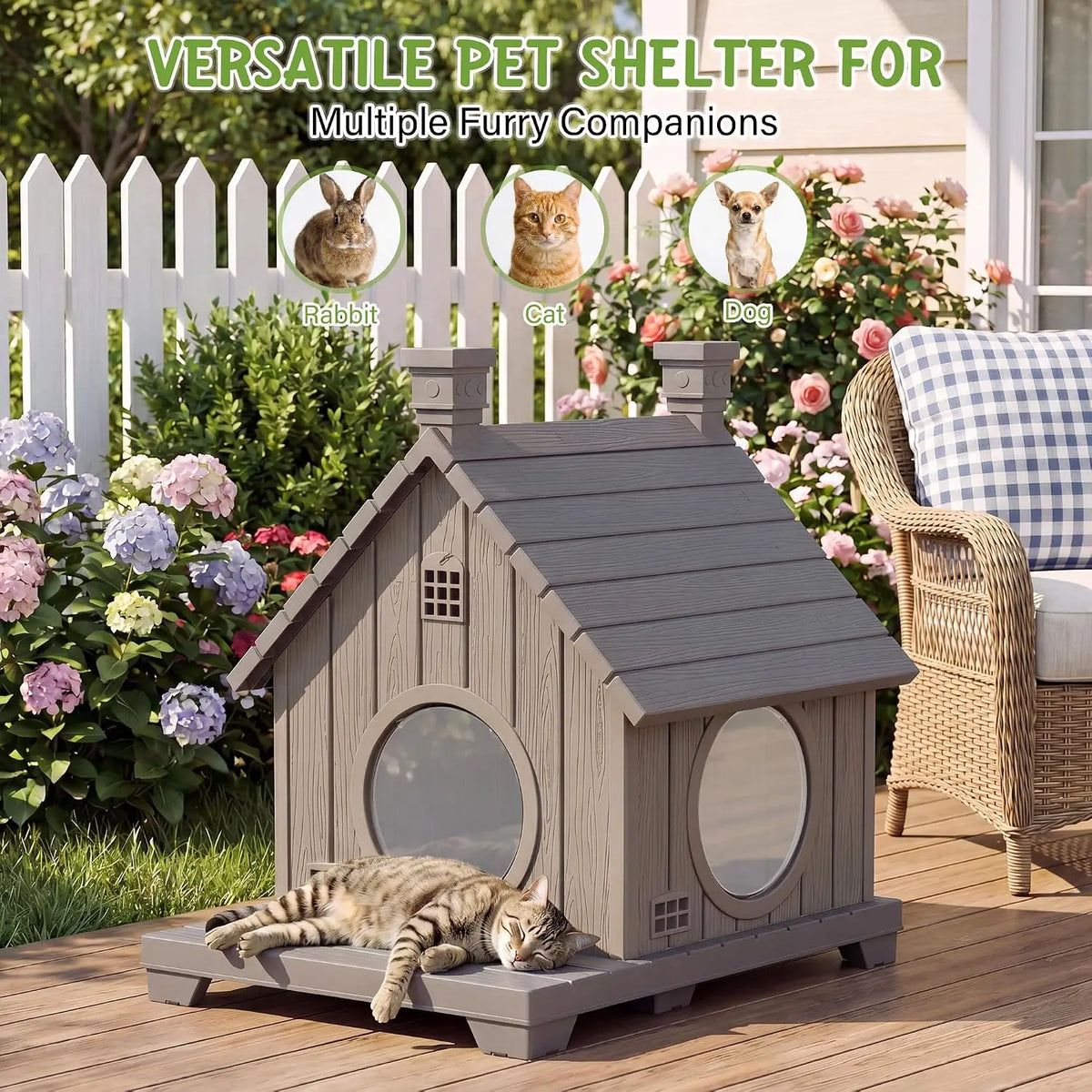 Outdoor Cat House Weatherproof, Durable Resin Cat Houses for Outdoor Indoor Cats, Litter Box Enclosure with Elevated Base, Cat Bed with Anti-Slip Pad, Ventilation, Grey