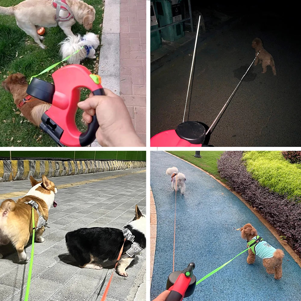 3in1 Double Head Dog Leash Flashlight Poop Bag Dispenser Dual Reflective Pet Cat Leash Automatic Extendable Puppy Traction Rope