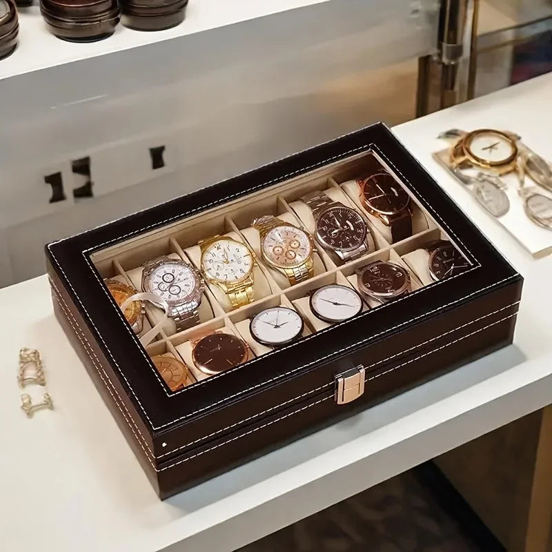 12 Slot Black Watch Box PU Leather Watch Organizer Display Case with Glass Lid Jewelry Storage Case, Gift for Men, Women Desktop