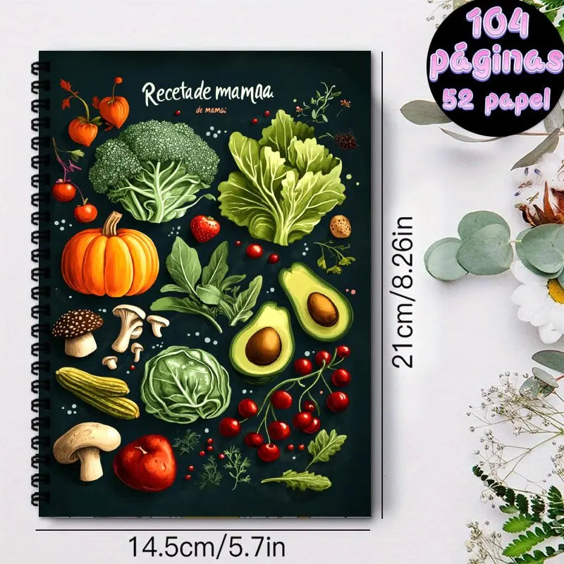 A5 Spanish cookbook,Spiral Binding,Recipe Collection Book (Can Hold Up to 100 Recipes),Vegetables & Fruits Themed Recipe Journal