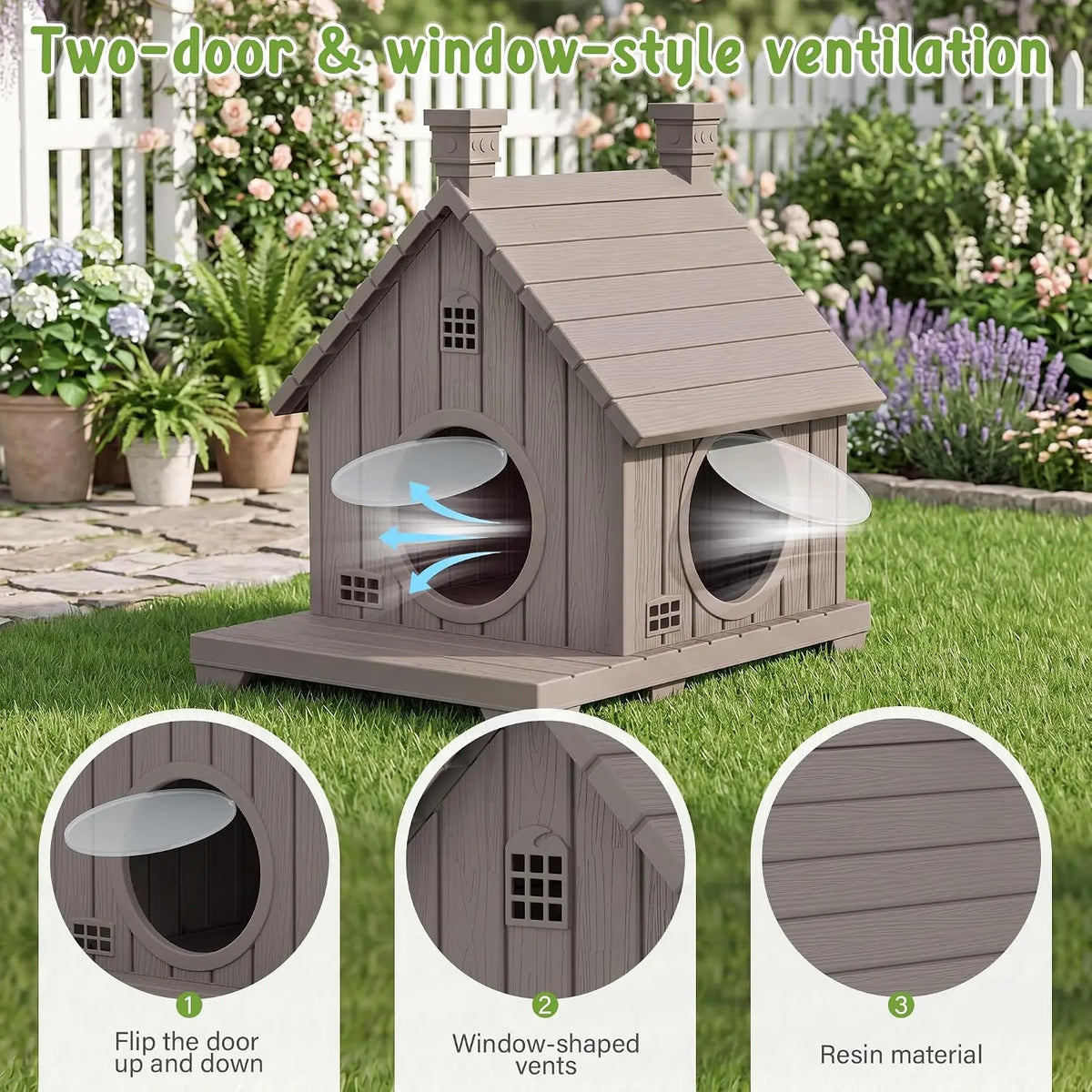 Outdoor Cat House Weatherproof, Durable Resin Cat Houses for Outdoor Indoor Cats, Litter Box Enclosure with Elevated Base, Cat Bed with Anti-Slip Pad, Ventilation, Grey