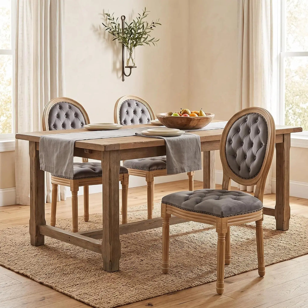 Vintage French Country Dining Chairs Set of 6, Farmhouse Gray Velvet Dining Room Chairs with Tufted Round Back, Solid, Custom