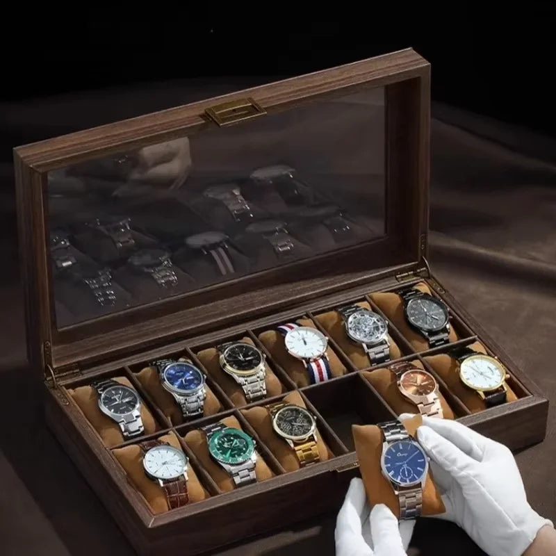 12Bit Retro Imitation Wood Grain Leather Watch Box Creative Gift Box Transparent Windowed For Exquisite Watch and Jewelry Storage Case