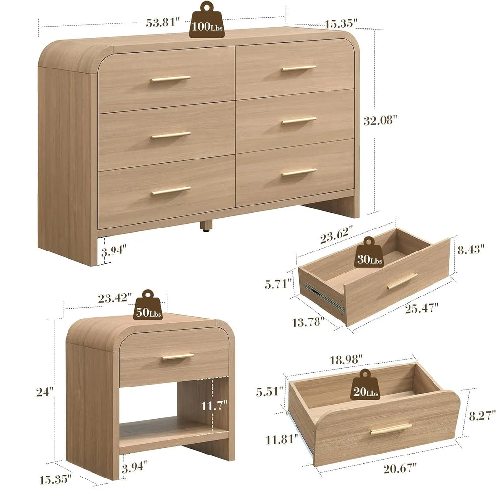 3-Piece Bedroom Set, Curved 6-Drawer Dresser&1-Drawer Nightstands, Customized