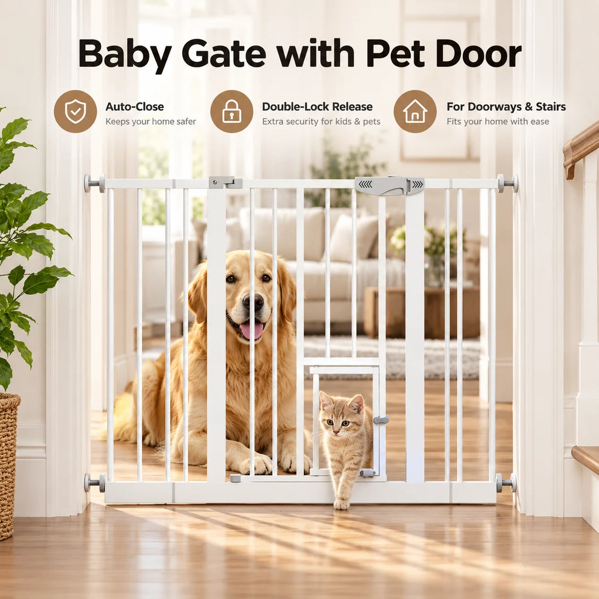 Dog Gate with Cat Door Baby Gate Pressure Mounted Auto Close Two Way Walk Through 29.5 to 44.1 inch for Doorways Stairs Hallways Home
