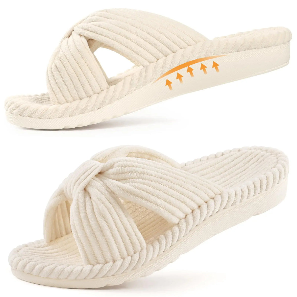 Bebealy Women's Orthopedic Arch Support Slippers Indoor Non-slip Open Toe Corduroy Cross Lacing Slippers Lady Cozy Sofe Slippers
