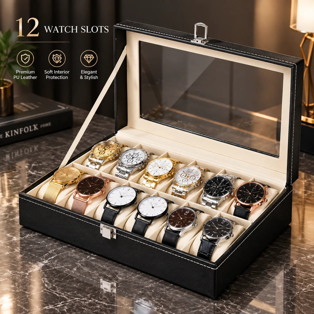 12 Slot Black Watch Box PU Leather Watch Organizer Display Case with Glass Lid Jewelry Storage Case, Gift for Men, Women Desktop