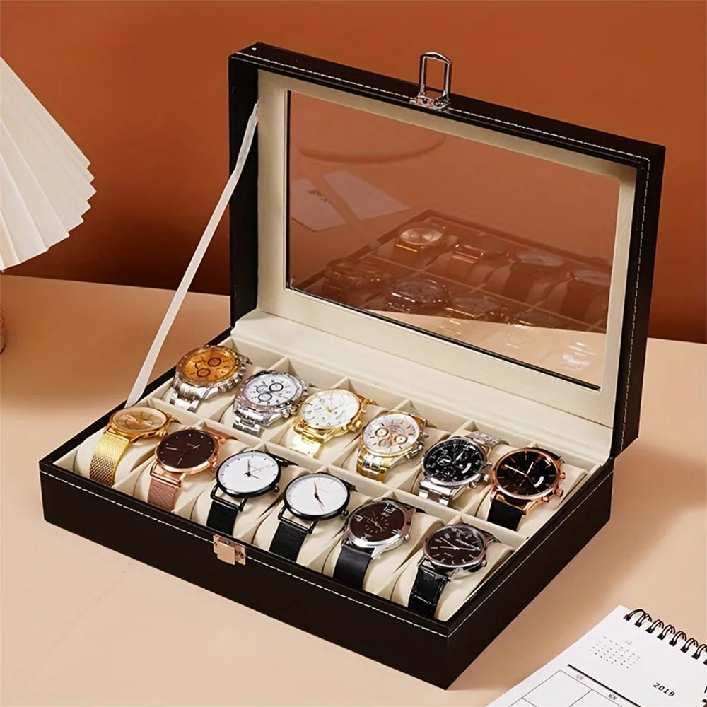 12 Slot Black Watch Box PU Leather Watch Organizer Display Case with Glass Lid Jewelry Storage Case, Gift for Men, Women Desktop