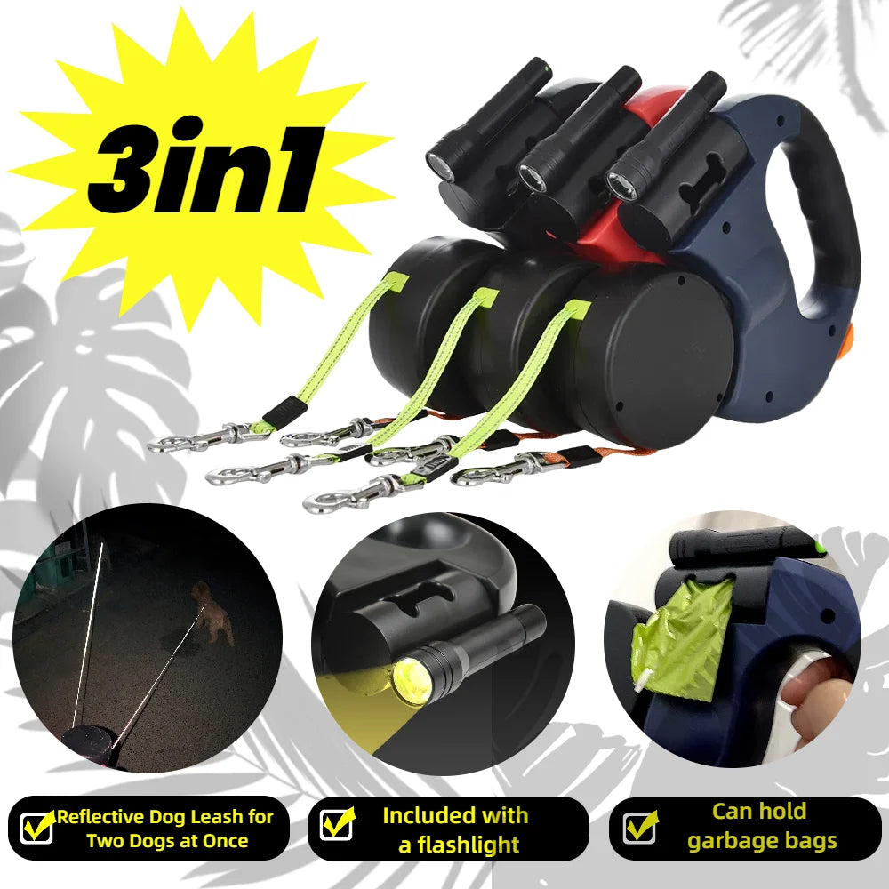3in1 Double Head Dog Leash Flashlight Poop Bag Dispenser Dual Reflective Pet Cat Leash Automatic Extendable Puppy Traction Rope