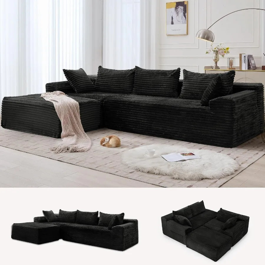 Korser 110" Boneless Modular Sectional Sofa Chaise L-Shaped Comfy Corduroy Fluffy Couch Deep Seat Side Pockets Flexible Module