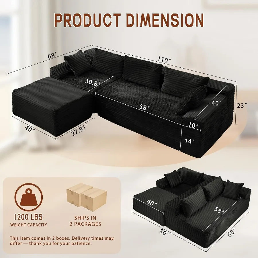 Korser 110" Boneless Modular Sectional Sofa Chaise L-Shaped Comfy Corduroy Fluffy Couch Deep Seat Side Pockets Flexible Module