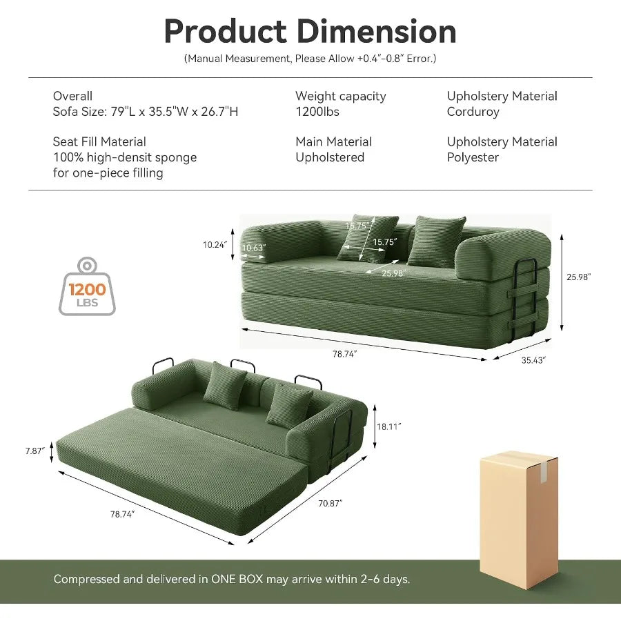 79 Inch Convertible Boneless Futon Sofa Bed, Multi‑Functional Sleeper Couch for Living Room Guest Room Small Space Apartment,