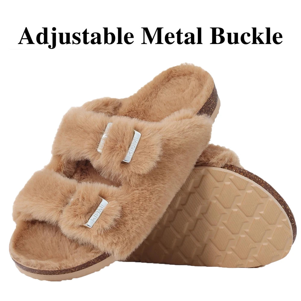 Bebealy Women's Winter Fluffy Slippers Winter Cozy Adjustable Buckle Fur Cork Footbed Open Toe House Slippers With Arch Support