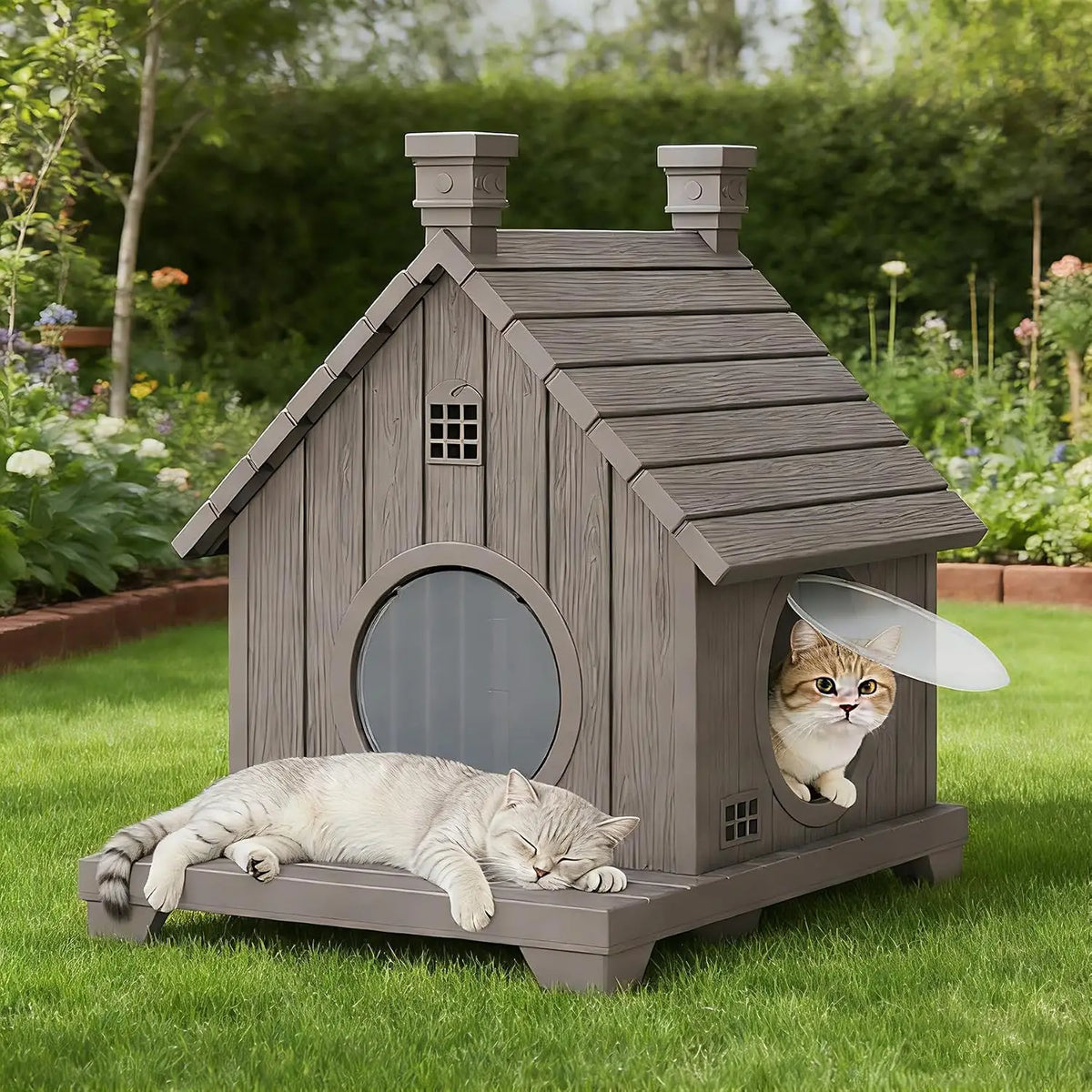 Outdoor Cat House Weatherproof, Durable Resin Cat Houses for Outdoor Indoor Cats, Litter Box Enclosure with Elevated Base, Cat Bed with Anti-Slip Pad, Ventilation, Grey