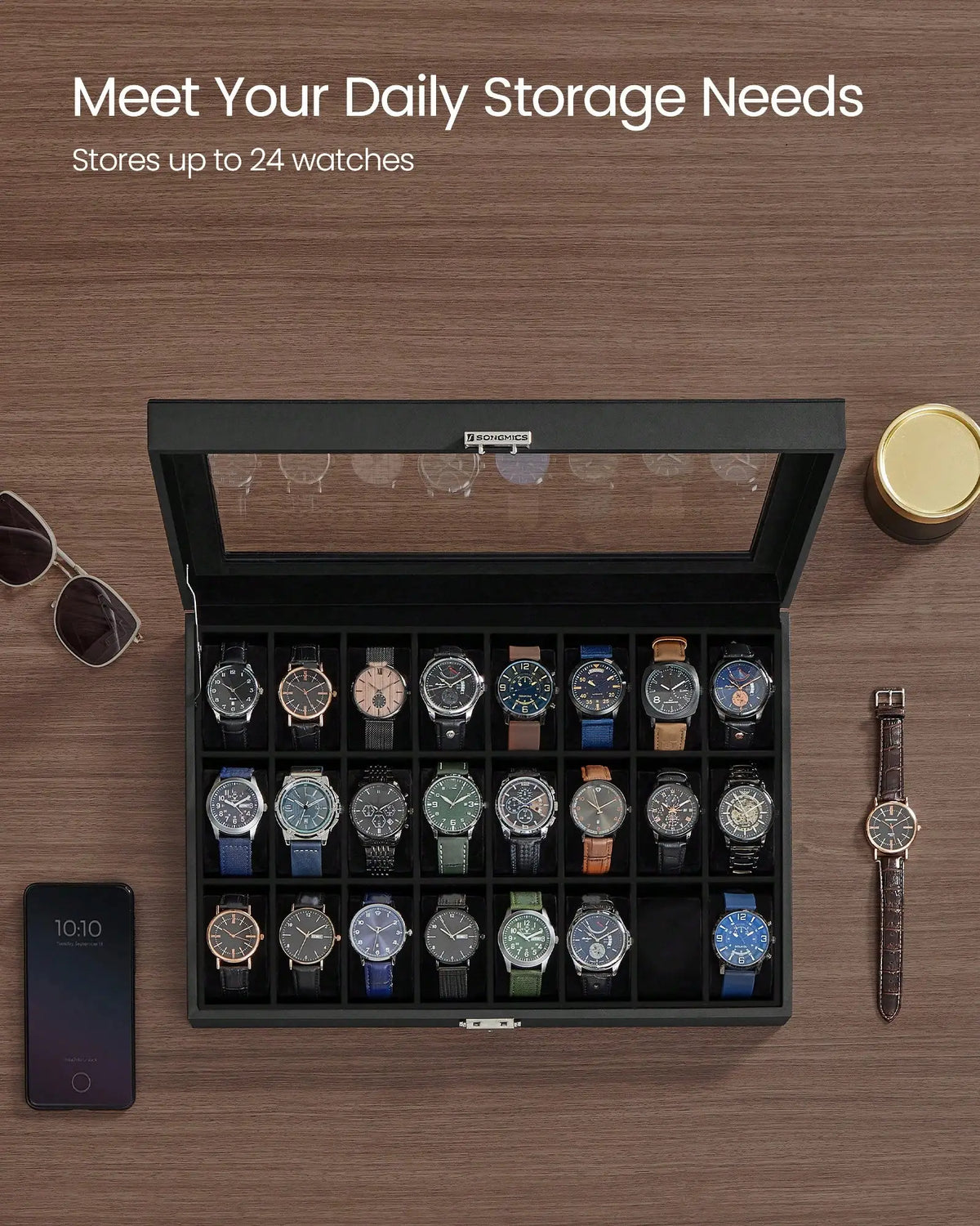 Watch Box, 24-Slot Watch Case, Lockable Watch Storage Box With Glass Lid, Gift Idea, Ink Black Synthetic Leather