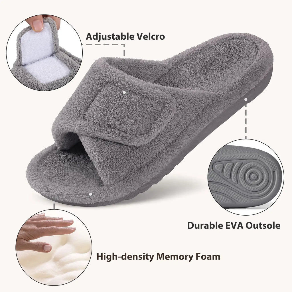 Bebealy Women's Open Toe Memory Foam House Slippers Winter Non-slip Fuzzy Slides With Adjustable Velcro Lady orthopedic Slippers