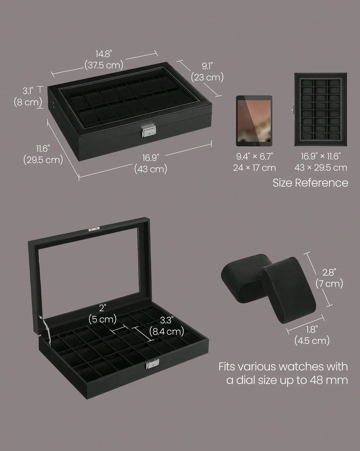 Watch Box, 24-Slot Watch Case, Lockable Watch Storage Box With Glass Lid, Gift Idea, Ink Black Synthetic Leather