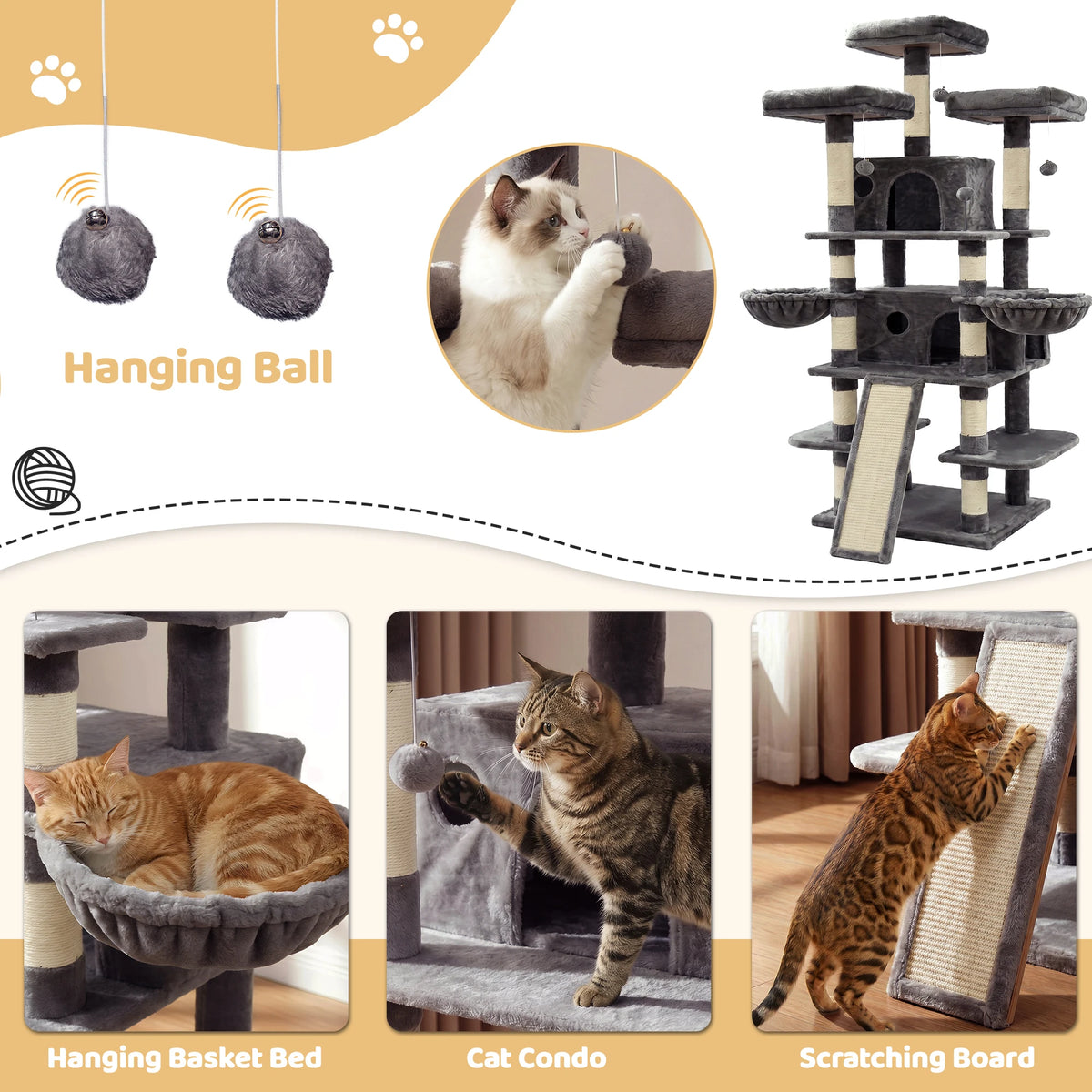 FOOWIN 173cm 68in Large Multi Level Cat Tree Tower Indoor Activity Center 2 Condos 3 Plush Perches Scratching Post Kitten Pet