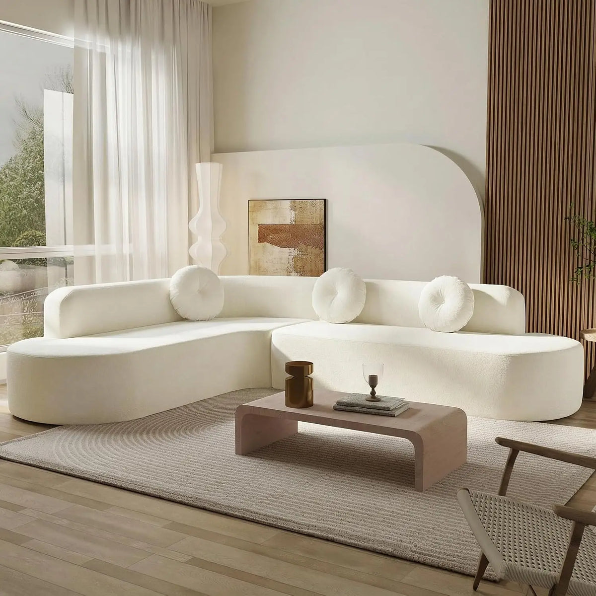 Mirod 122'' Extra Large Sectional Sofa Soft Fabric Upholstery, Elegant Curved Design with Three Round Cushions,, Customized