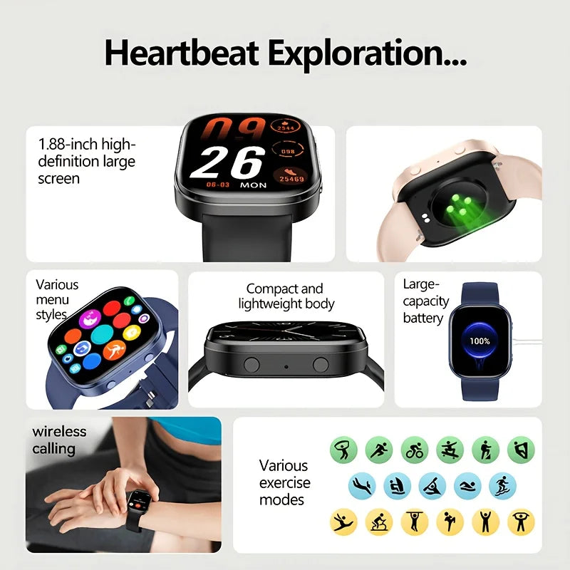 Smart Watch With Wireless Calling, 1.88 TFT Display, Multiple Sports Modes, Call and Message Notifications, AI Voice Control, Sleep & Music Monitoring, Remote Camera, Alarm Clock, Calculator, USB Rechargeable Lithium Polymer Battery