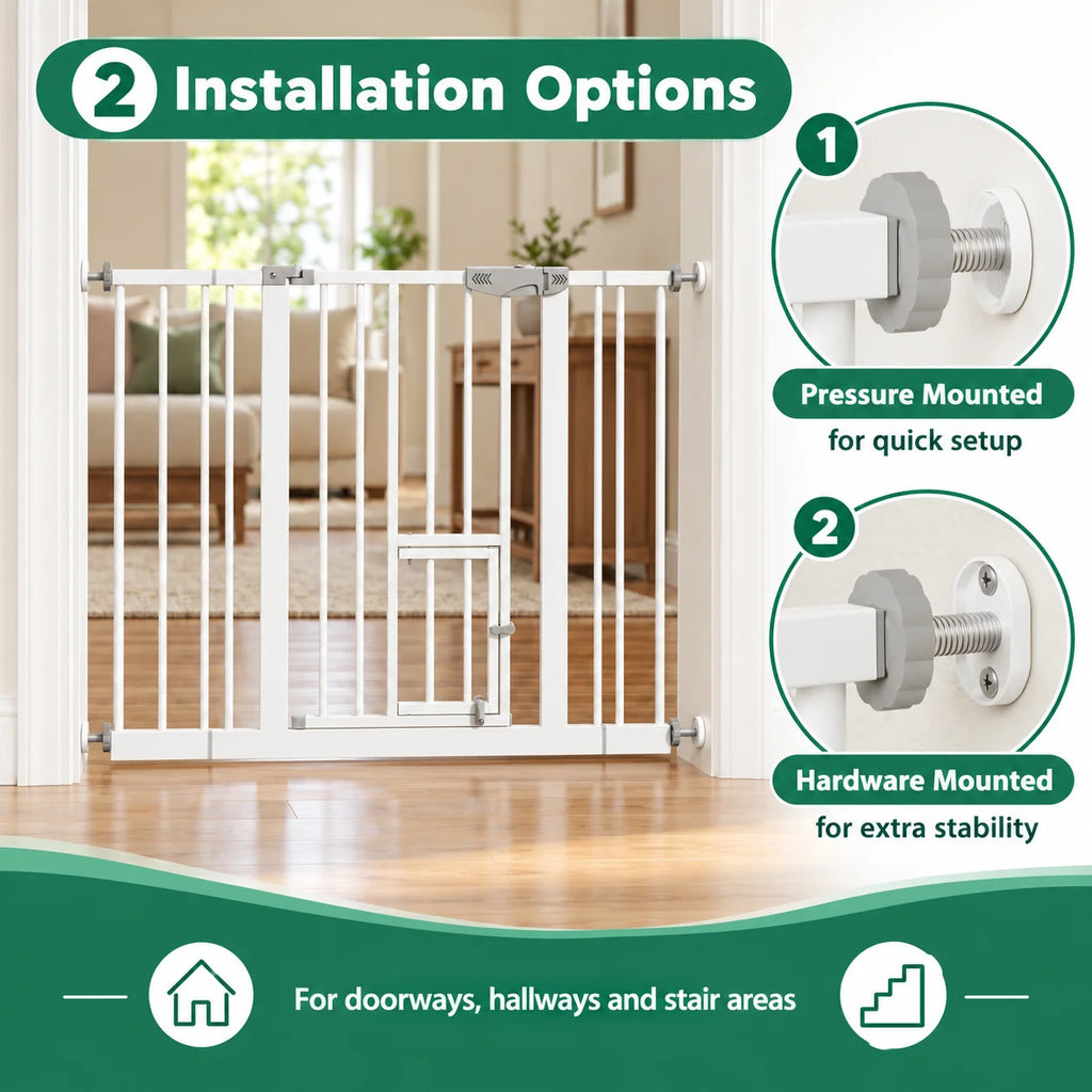 Dog Gate with Cat Door Baby Gate Pressure Mounted Auto Close Two Way Walk Through 29.5 to 44.1 inch for Doorways Stairs Hallways Home