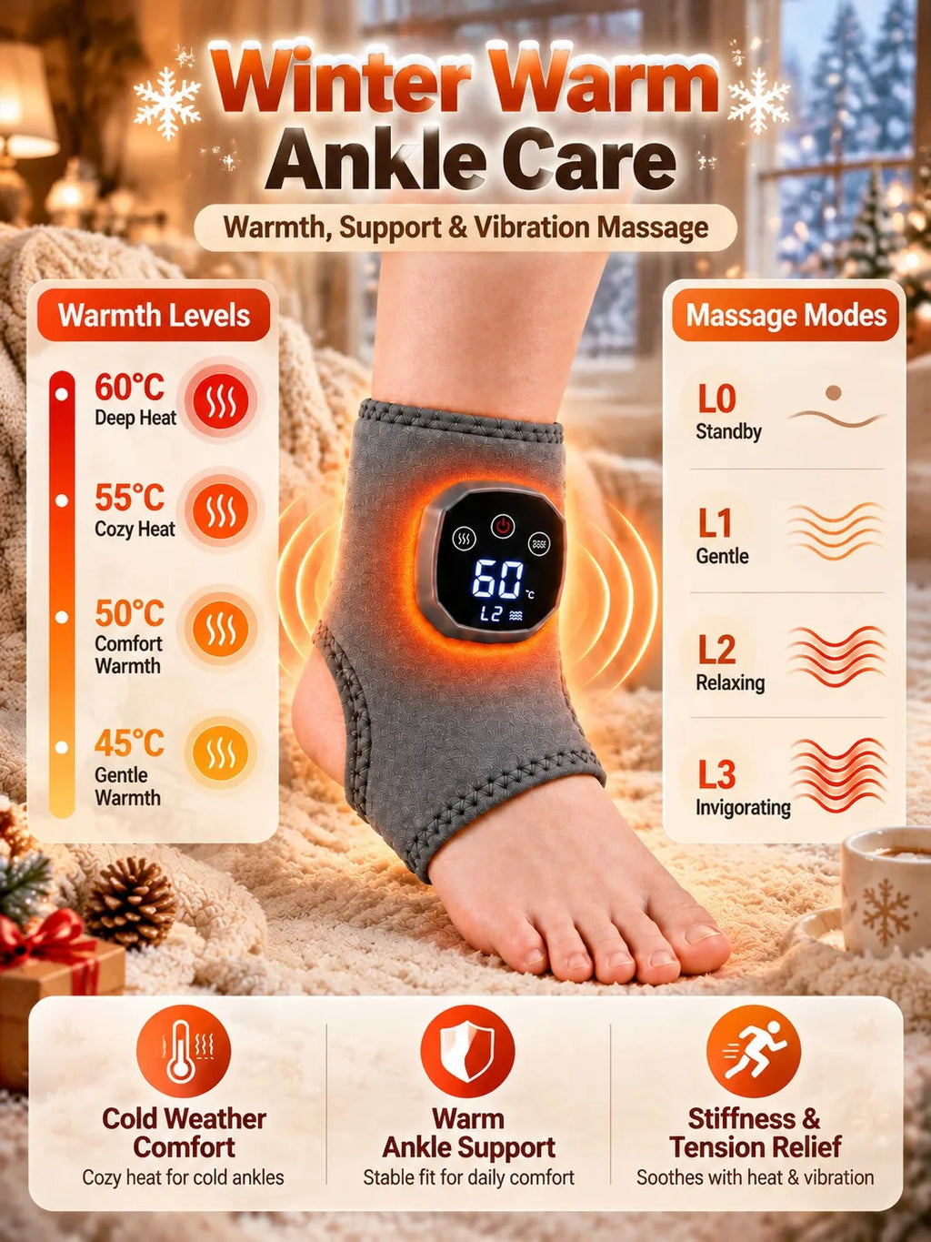 Heated Ankle Massager with 4 Heat Levels, Electric Warming Wrap with Digital Display for Cozy Winter Relaxation at Home