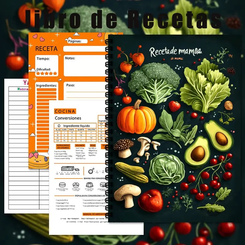 A5 Spanish cookbook,Spiral Binding,Recipe Collection Book (Can Hold Up to 100 Recipes),Vegetables & Fruits Themed Recipe Journal