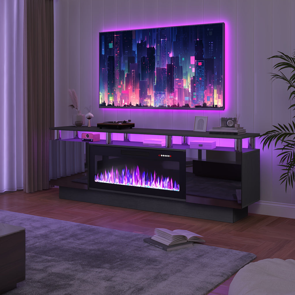 Fireplace TV Stand with 36-Inch Electric Fireplace, 70-Inch LED Light Entertainment Center with High Gloss Cabinet, 2-Tier Modern Wood Media TV Console for Living Room