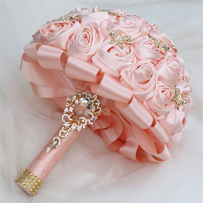 8.66inch Light Blood Teeth Satin Wedding Bouquet, Large New Bridal Bouquet Suitable for Church Hand-holding and Home Decoration