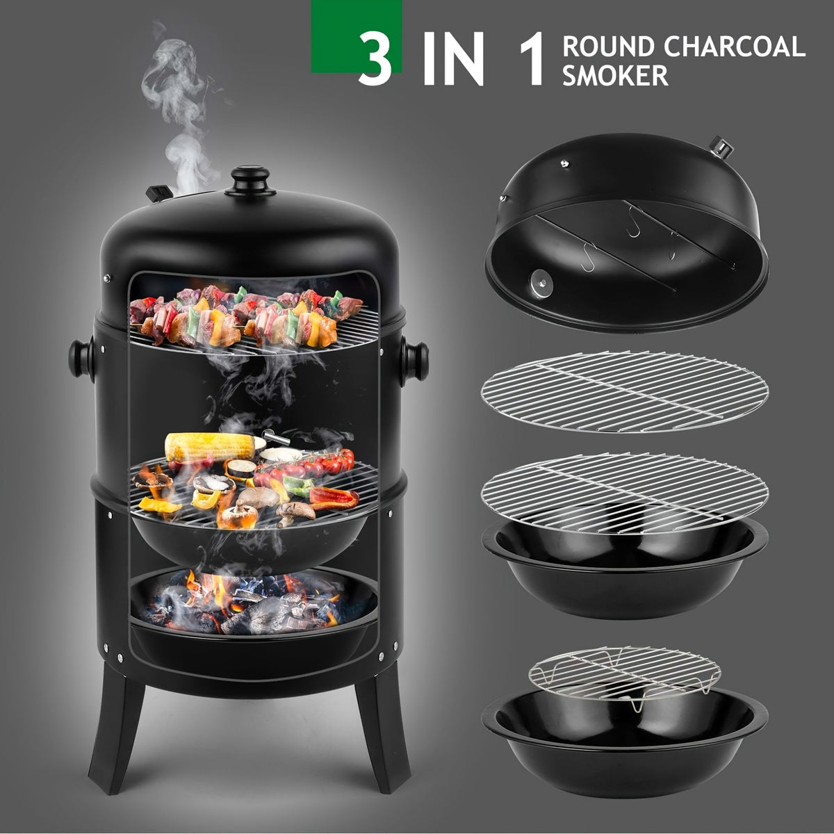 3-In-1 Portable Charcoal Smoker Grill with Built-In Thermometer, Adjustable Height BBQ Grill & Fire Pit, Large Cooking Grate, Charcoal Grill Outdoor Grill for Camping, Backyard, Tailgating, Father's Day Gift for Dad, BBQ Gifts for Men
