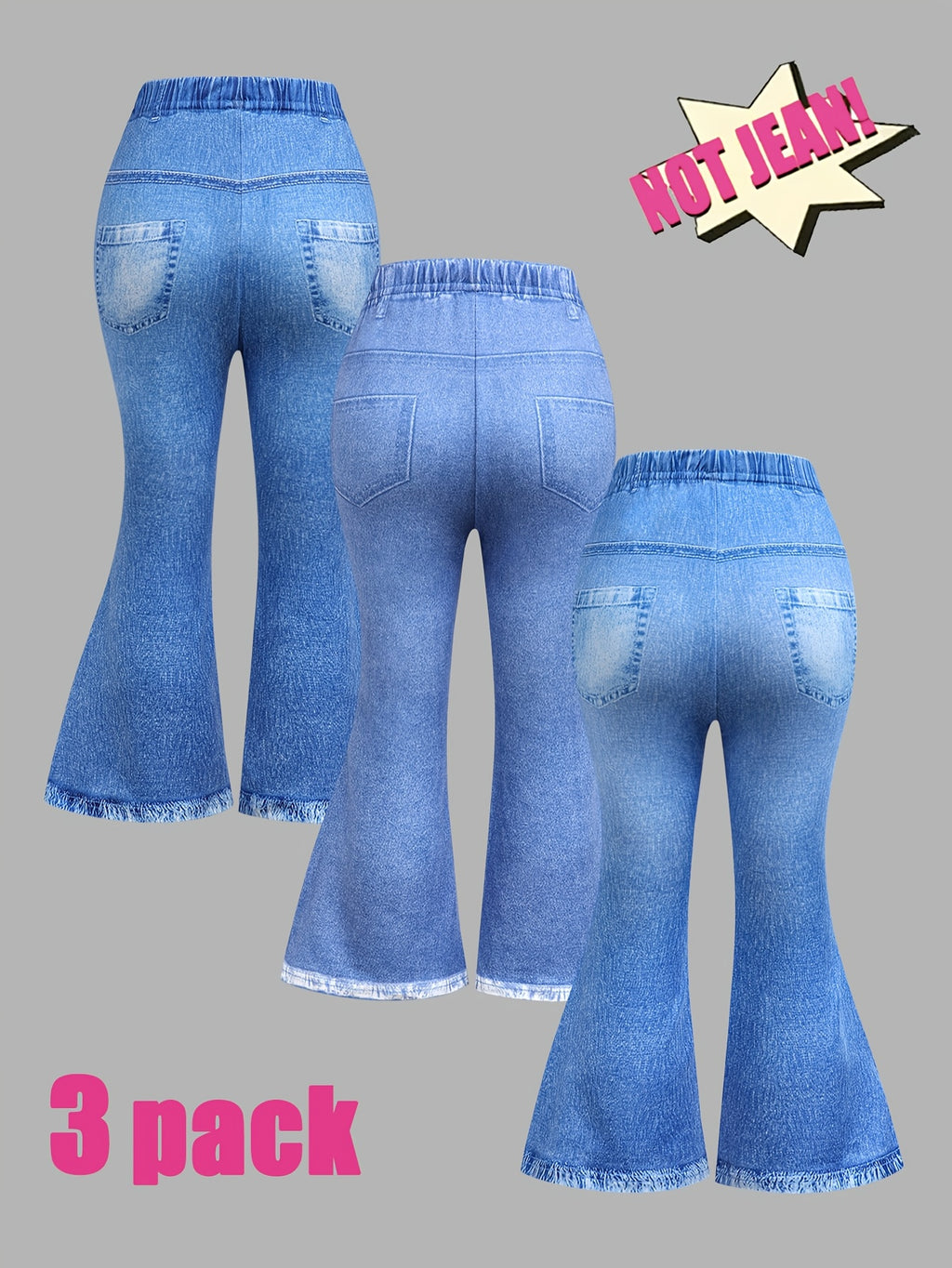 3pcs Fashionable Girls' All-Season Flared Pants, Featuring a Dreamy Butterfly, Artistic Font, and Bow Pattern Combination, with a Faux Slit Design and High-Definition Positioned Digital Print. Imitation Denim with Faux Pockets