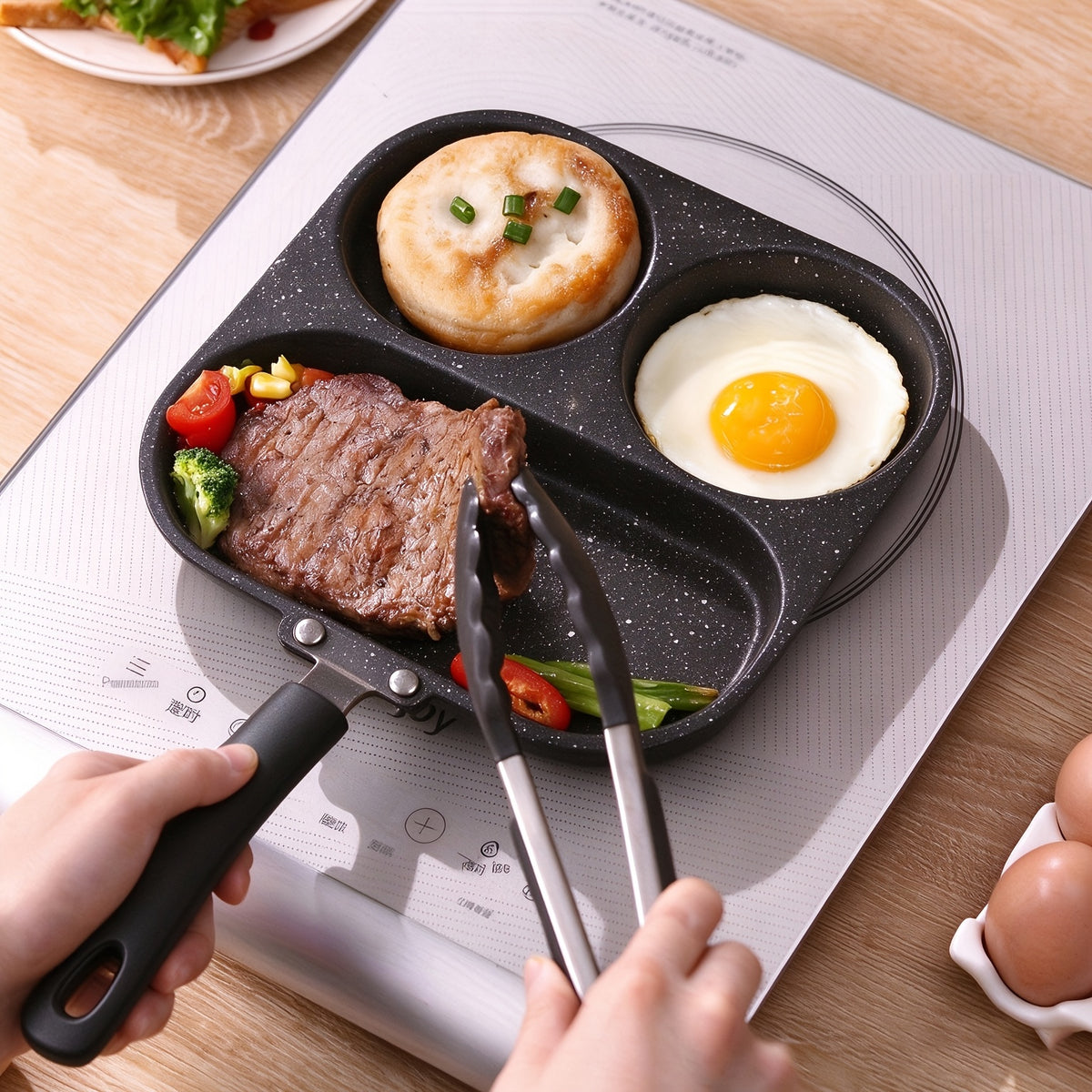 [Non-stick Breakfast Pot] 3in 1 Non-stick Cast Iron Breakfast Pot, Multi-function Fried Eggs, Steak and Flat Frying Pan for Home Cooking, Perfect for Sausages, Eggs, Etc., More, Sausage Cooking Tools, Modern Kitchen Utensils, Durable Cooking Tools