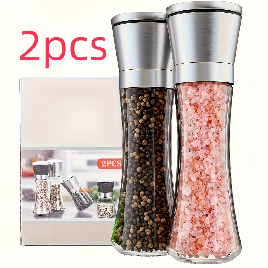 2pcs Heavy-Duty Stainless Steel Salt and Pepper Grinder Set with Adjustable Ceramic & Tall Glass Mills - Suitable for Sea Salt, Peppercorns, Spices - Modern Kitchen Mills for, Restaurants, for and Commercial Use