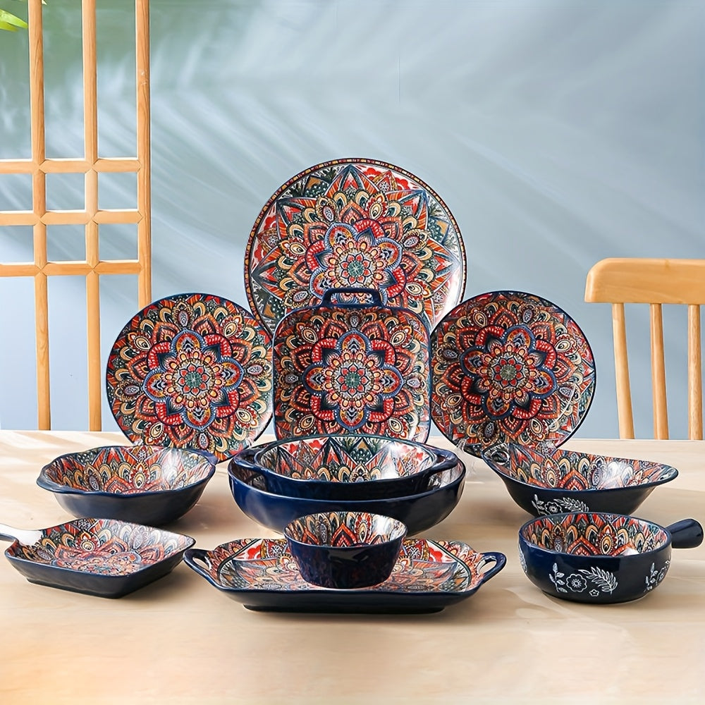 8pcs Bohemian Style Ceramic Dinnerware Set, Classic Round Patterns, Microwave & Oven Safe, Ideal for Home and Restaurant Use, Perfect Housewarming Gift