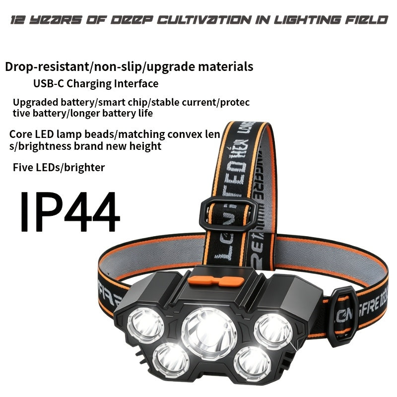1-Piece 5-LED Rechargeable Headlamp, USB Fast Charging, Lightweight Work Light, 3 Modes, Suitable for Walking, Fishing, Outdoor Sports, Emergency Situations, IP44 Protection Rating