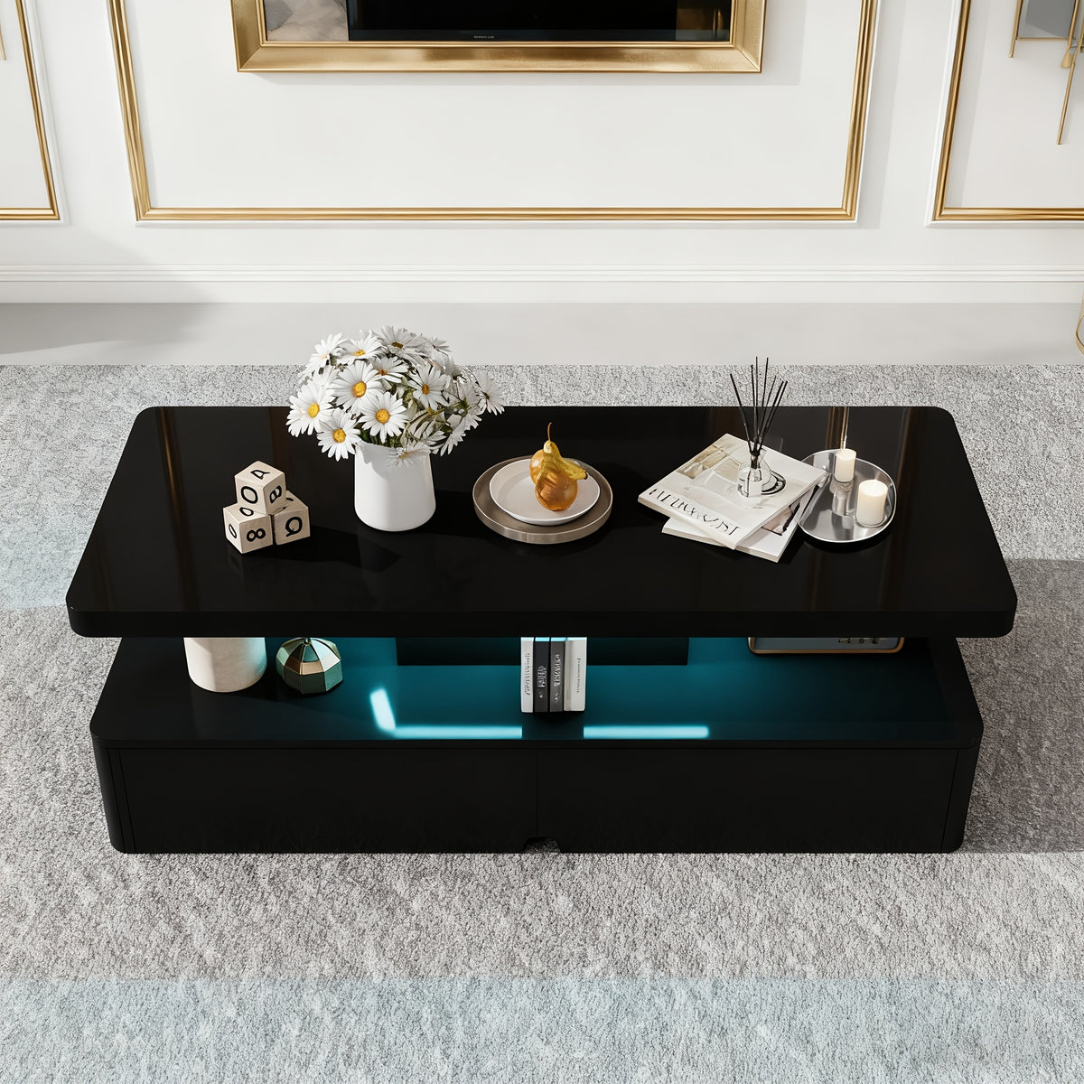 Black 40-Inch Modern LED Coffee Table, Living Room Table with 16-Color LED Lights, Double-Layer Design, Stylish for Living Room, Home, Office, Suitable As A Holiday Gift