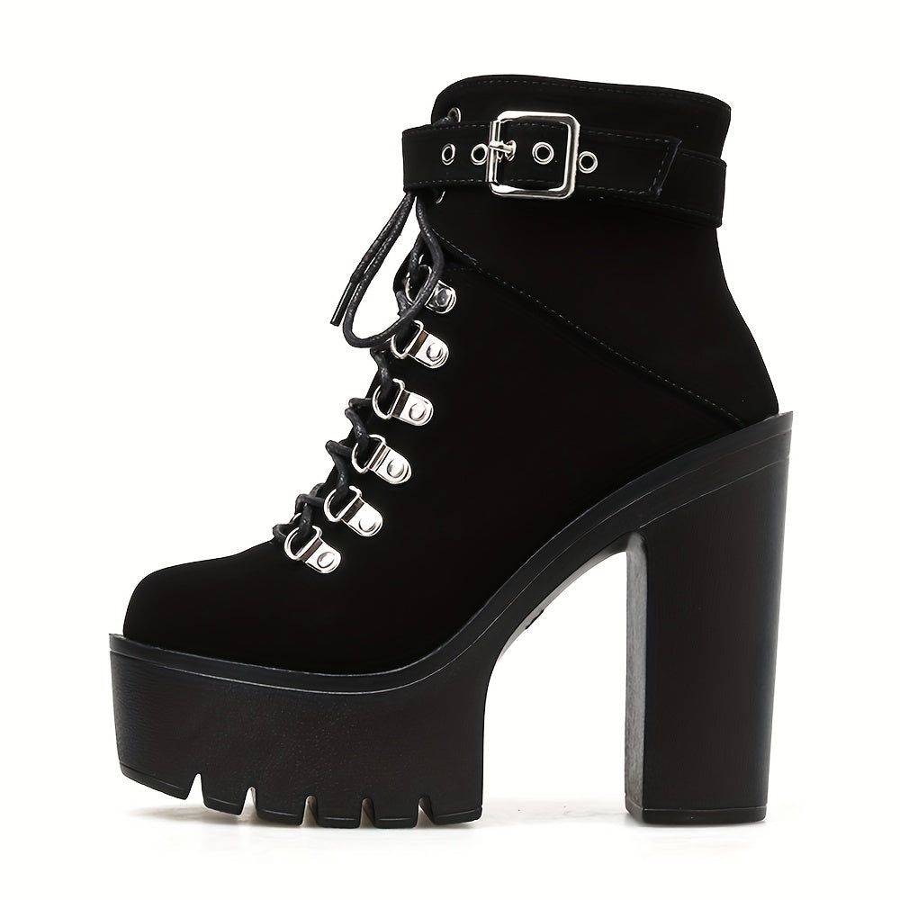 Women's Platform Block High Heels Ankle Boots, Black Round Toe Lace Up Ankle Buckle Strap Pumps, Fashion Party Motorcycle Short Boots, Women Shoes Elegant Women Shoes Classy Lady Shoes