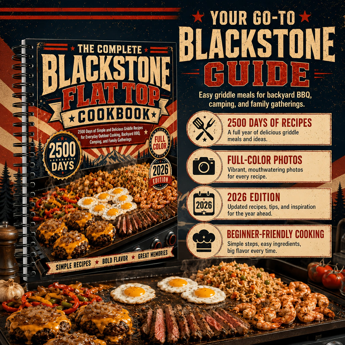 The Complete Blackstone Flat Top Cookbook-2500 Days Of Simple And Delicious Griddle Recipes for Everyday Outdoor Cooking, Backyard BBQ, Camping, And Family Gatherings(Spiral Bound, Full Color Edition)