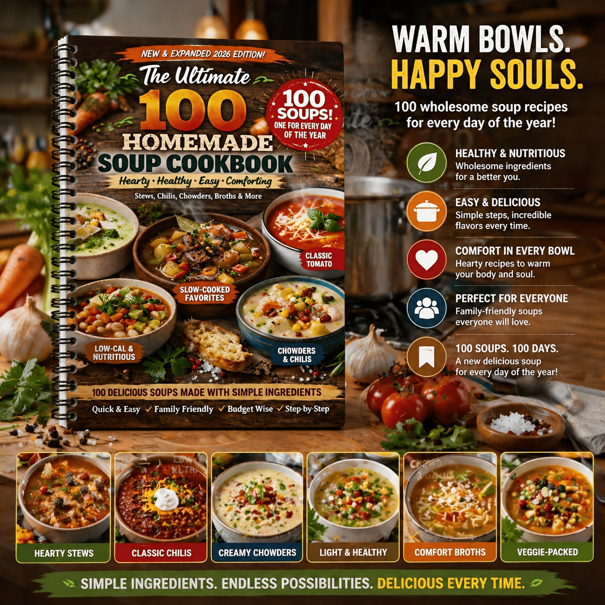 The Ultimate 100 Homemade Soup Cookbook:100+ Easy And Healthy Soup Recipes for Every Day | Hearty Stews, Chilis, Chowders & Broths | Quick, Budget-Friendly And Family Meals (Spiral Bound)