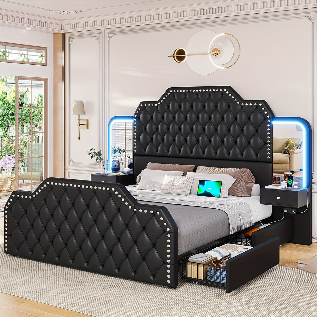 Queen Size Bed Frame with 2 Nightstands with Mirror, Modern Platform Bed Frame with 53" Tall Headboard and 4 Storage Drawers
