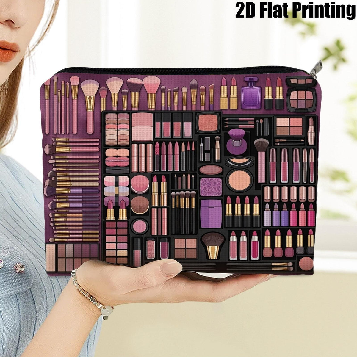 Vibrant 2D Printed Polyester Makeup Bag, 20*25cm/8*10inch Portable Travel Cosmetic Pouch, Compact Lightweight Storage Organizer, Ideal for Daily Touch-Ups, Travel Use, and Gifting to Ladies