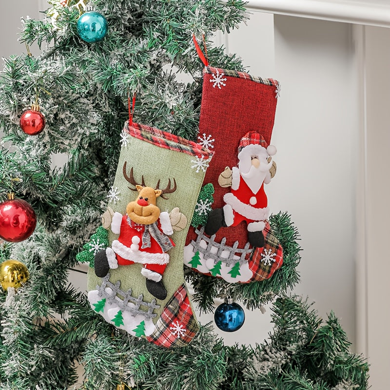 4pcs Christmas Gift Sock Set, Large Linen Candy Bags with Snowflake, Santa, Snowman, Reindeer, and Bear Patterns, Decorative Long Socks for Holiday Parties, Christmas Tree, or Fireplace, Christmas Socks, Christmas Home Decor, Christmas Sock Ornament